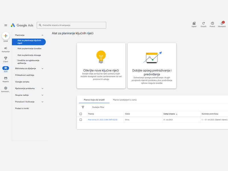 Alat za planiranje ključnih riječi u Google Ads platformi