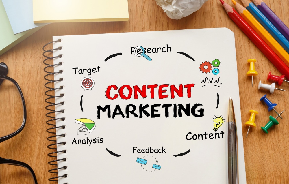 Natpis content marketing na bilježnici na stolu