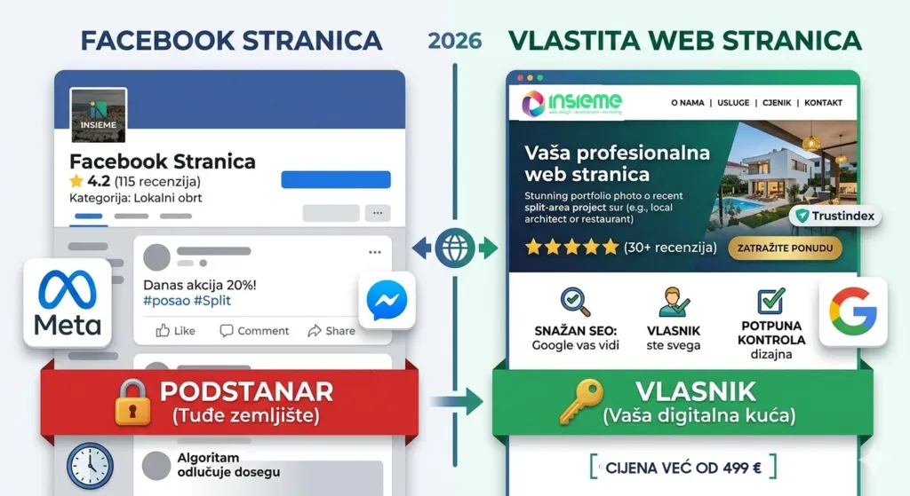 Grafički prikaz razlike između Facebook stranice i vlastite web stranice s naglaskom na vlasništvo i SEO prednosti.