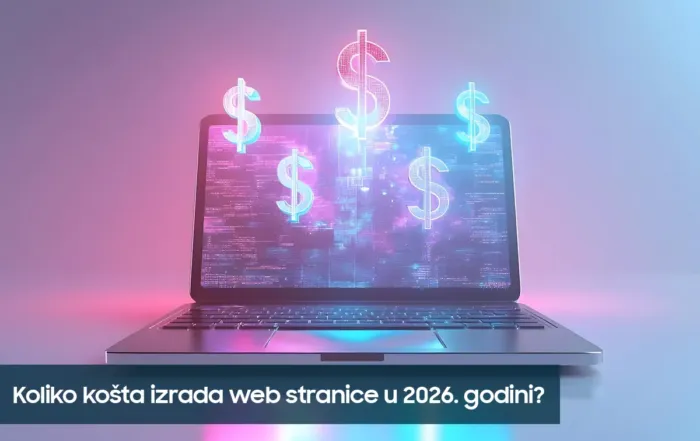 Laptop s oznakom valute i banner Koliko košta izrada web stranice u 2026. godini