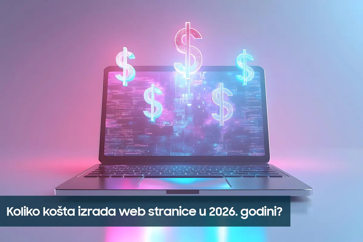 Laptop s oznakom valute i banner Koliko košta izrada web stranice u 2026. godini